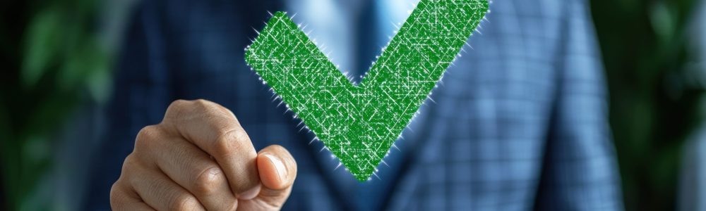 A professional man wearing a formal suit and tie is confidently holding up a green check mark in his hand